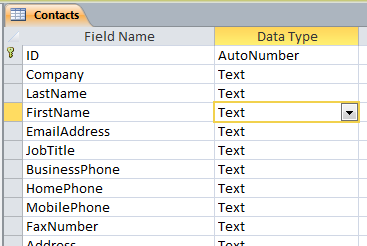 Design View - Contacts table - Field names have no spaces (Access 2010)