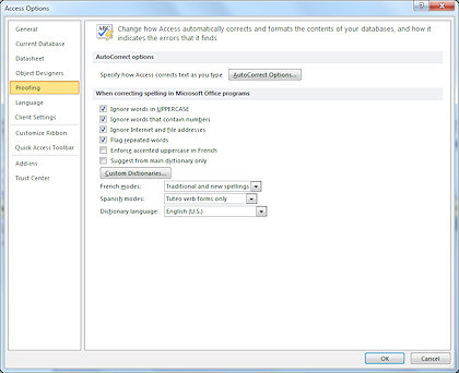 Dialog: Options - Proofing (Access 2010)