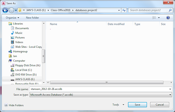 Dialog: Save As - backup of starwars database (Access 2010)