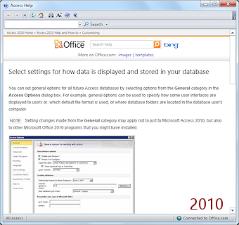 Help window for Options dialog - General page (Access 2010)