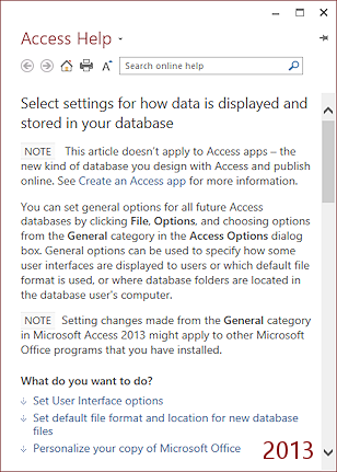 Help window for Options dialog - General page (Access 2013)