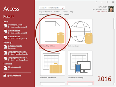 Recent databases and templates (Access 2016)