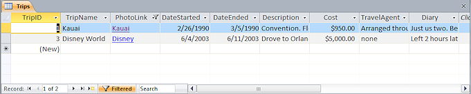 Trips: Filter By Form: PhotoLink = "Is Not Null"