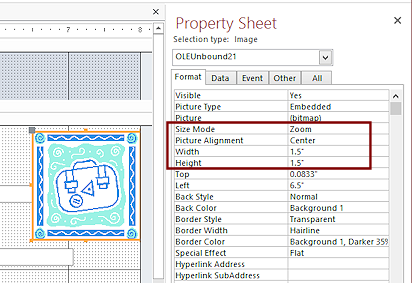 Image Size Mode = Zoom and 1.5 in. square (Access 2013)