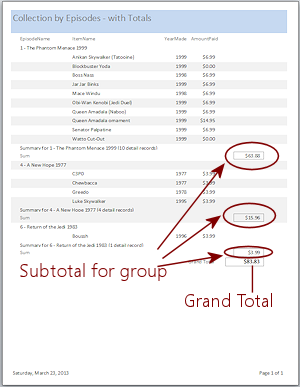 Print Preview: group with subtotals and grand total