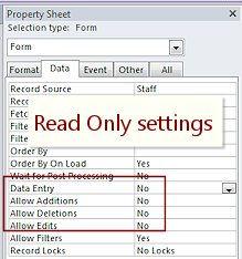 Property Sheet for form - Settings to make it Read-Only (Access 2010)
