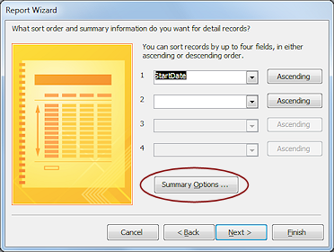 Report Wizard: Sort Ascending on StartDate (Access 2010)