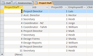Project Staff table after deleting field StaffName