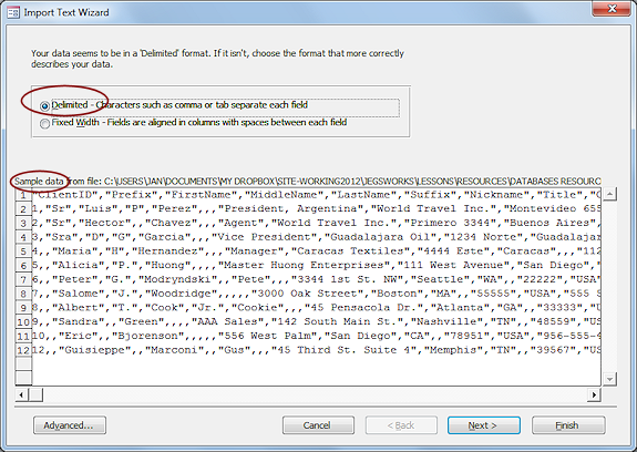 Dialog: Import Text Wizard - step 1: delimited or fixed width