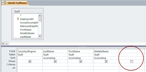 Query Design View: QStaff-FullName - blank column