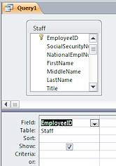 Query design grid with EmployeeID (Access 2010)
