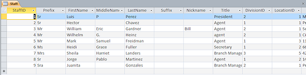 Table Datasheet View: Staff - after import