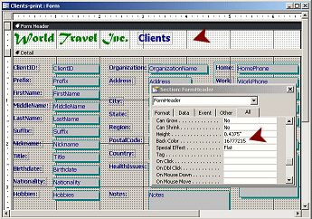 Form Design View: Clients-print, header section with white background. 