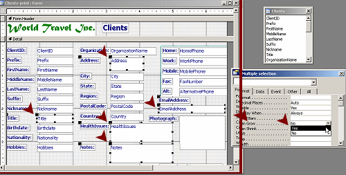 Form Design View: Clients-print form with multiple selections, changing Can Grow value