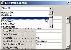 Dialog: Properties - ClientID with drop list opened to Form