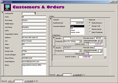 Form View: Customers form with Order subform, containins OrderItems subform