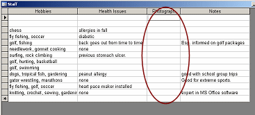 Form Datasheet View: Photograph column is blank