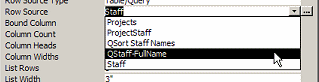 Choosing a query as the Row Source for a Lookup field.