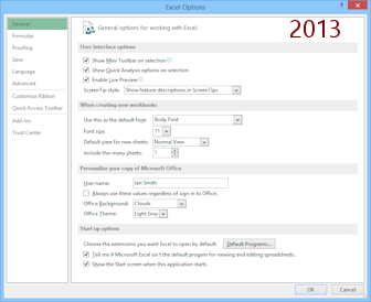 Dialog: Excel Options - General (Excel 2013)