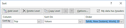 Dialog: Sort - Order shows the custom list. (Excel 2016)