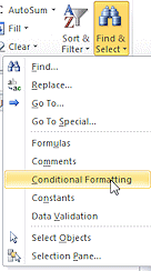 Button: Find & Select > Conditional Formatting (Excel 2010)