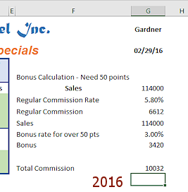 Commission table with formulas entered (Excel 2016)