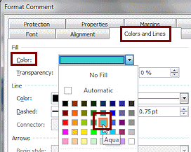 Dialog: Format Comment > Colors and Lines > Fill color > Aqua (Excel 2010)