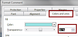 Dialog: Format Comment > Colors and Lines > Fill transparency > 50% (Excel 2010)