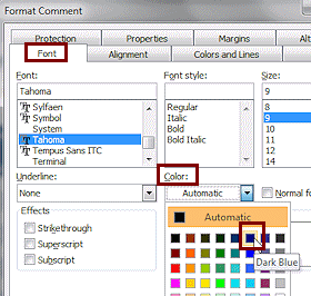 Dialog: Format Comment > Font > Font color > Dark Blue