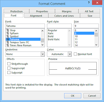 Dialog: Format Comment - multiple tabs (Excel 2013)
