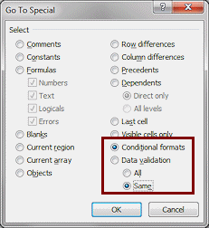Dialog: Go To Special > Conditional Formatting and Same (Excel 2010)