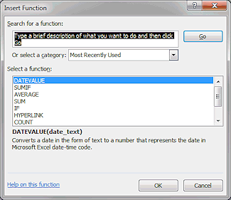 Dialog: Insert Function (Excel 2010)