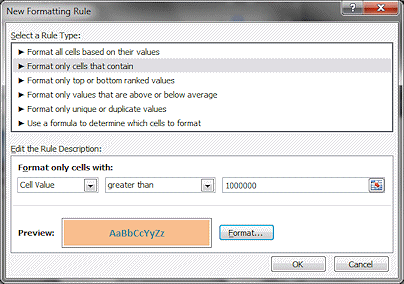Dialog: New Formatting Rule - aqua on orange