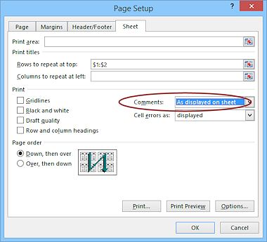 Dialog: Page Setup > Sheet > Comments = as displayed (Excel 2013)