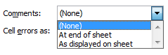 Dialog: Page Setup > Sheet tab - Comments list (Excel 2010)
