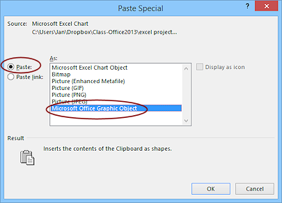 Dialog: Paste Special > Paste, Microsoft Graphics Object (Excel 2013)