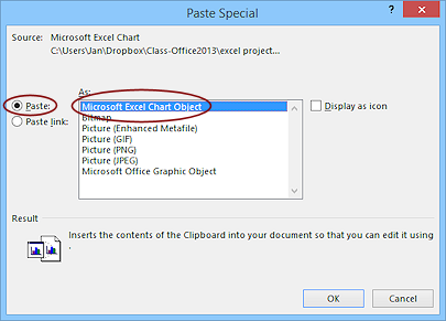 Dialog: Paste Special > Microsoft Excel Chart Object (Excel 2013)