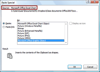 Dialog: Paste Special - from Excel to Word, a chart