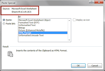 Dialog: Paste Special - in Word of Excel data
