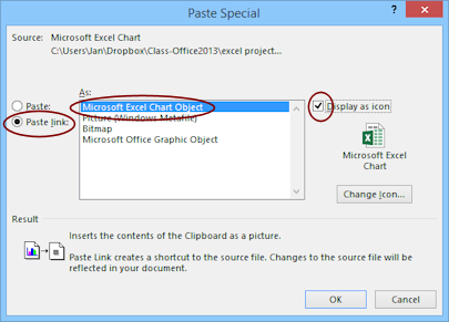 Dialog: Paste Special > Paste, Chart Object > Display as Icon (Excel 2013)