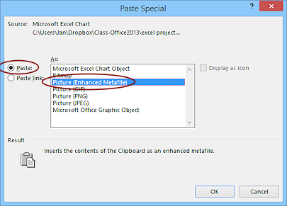 Dialog: Paste Special > Paste, Picture (Enhanced Metafile)  (Excel 2013)
