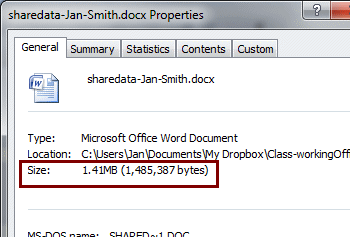 Dialog: Properties for sharedata - General tab shows file size