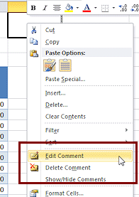 Right Click Menu: Edit Comment (Excel 2010)