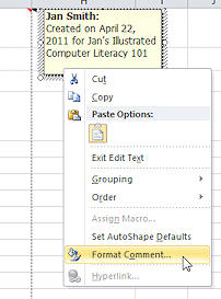 Right Click Menu: Format Comment... (Excel 2010)