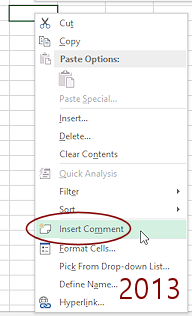 Right Click Menu: Insert Comment (Excel 2013)