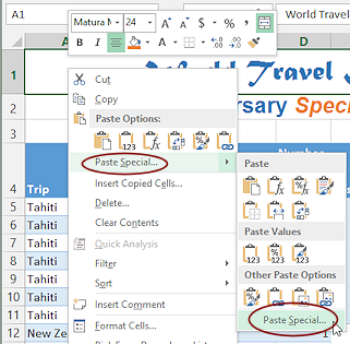 Right Click Menu: Paste Special > Paste Special (Excel 2013)