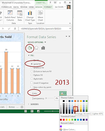 Pane: Format Series > Fill = solid and Color = oragne 40% lighter (Excel 2013)