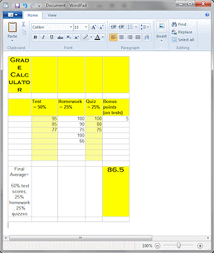 Table from Excel pasted into WordPad