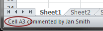 Status Bar: Cell A3 commenting by Jan Smith
