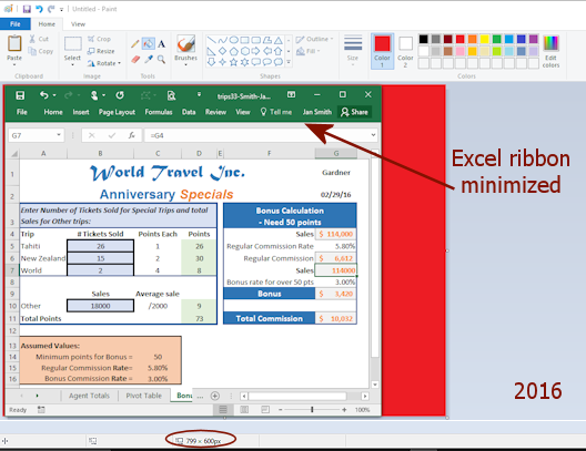 Excel window sized to 800 x 600 px with ribbon minimized (Excel 2010)